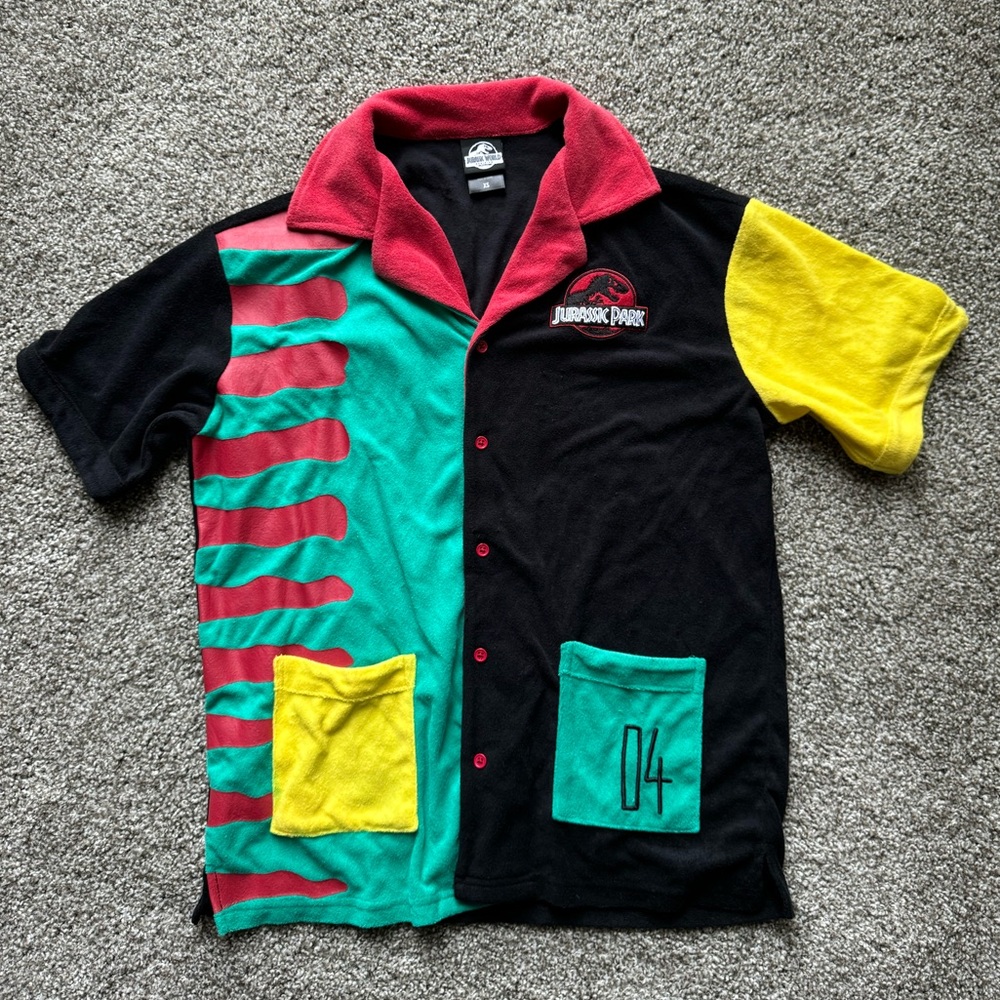 Jurassic Park Color Block Terry Cloth Button-Up Shirt
